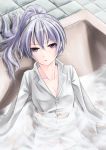  :o bathtub darker_than_black highres nekobaka ponytail purple_eyes shirt silver_hair solo violet_eyes water wet_clothes yin 