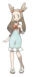  bow brown_eyes brown_hair dress gym_leader long_hair mikan_(pokemon) nintendo official_art pokemon pokemon_heartgold_and_soulsilver sandals simple_background smile solo twintails 