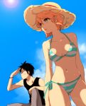  black_hair harumi_chihiro hat lens_flare monkey_d_luffy nami navel one_piece orange_hair scar side-tie_bikini straw_hat striped striped_bikini striped_swimsuit swimsuit 