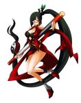  :&lt; absurdly_long_hair bangs black_bra black_hair blazblue blunt_bangs boots bra breasts china_dress chinese_clothes cleavage cleavage_cutout fighting_stance hair_ornament katou_yuuki lao_jiu large_breasts legs lingerie litchi_faye_ling long_hair naughty_face official_art panda ponytail red_eyes side_ponytail simple_background smile staff turtleneck underwear very_long_hair weapon yin_yang 