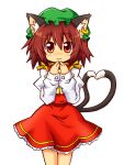  animal_ears blush brown_hair cat_ears cat_tail chen earrings hat heart heart_tail hiyoshi_(skick) jewelry multiple_tails red_eyes short_hair standing tail touhou 