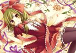  amane_kurumi amene_kurumi black_legwear black_thighhighs bow dress flower frills front_ponytail garters green_eyes green_hair hair_bow hair_ribbon hand_on_own_chest kagiyama_hina long_hair lying on_back red_dress ribbon short_hair solo stare thigh-highs thighhighs touhou zettai_ryouiki 