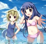  ball beachball bikini blonde_hair blue_hair blush cloud clouds collarbone fang flat_chest furude_rika hairband higurashi_no_naku_koro_ni hime_cut houjou_satoko kazura long_hair multiple_girls navel one-piece_swimsuit open_mouth outstretched_arm outstretched_hand purple_eyes short_hair sky standing string_bikini swimsuit violet_eyes wading water 