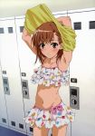  arms_up bad_anatomy bikini blush brown_eyes brown_hair hair_ornament hairclip highres locker_room misaka_mikoto official_art shirt short_hair solo swimsuit to_aru_kagaku_no_railgun to_aru_majutsu_no_index undressing 