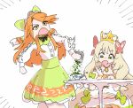  2girls :o absurdres black_bow blonde_hair bow butterfly_hair_ornament celine_(fire_emblem) crown cup dress etie_(fire_emblem) fire_emblem fire_emblem_engage green_bow green_eyes green_skirt hair_bow hair_ornament highres jewelry long_hair long_sleeves multiple_girls necklace nendo23 open_mouth orange_hair pouring skirt table very_long_hair white_background white_dress 