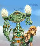  1boy arm_tattoo blue_eyes blue_sky brown_hair clouds day dragon earrings english_commentary iriknight jewelry link looking_at_viewer male_focus outdoors pointy_ears robot sky standing tattoo the_legend_of_zelda the_legend_of_zelda:_tears_of_the_kingdom 