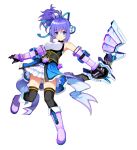  bare_shoulders blue_eyes blue_hair boots bow_(weapon) breasts cosmic_break dress gauntlets holding holding_bow_(weapon) holding_weapon leg_up looking_at_viewer medium_breasts melfi melfi_heart official_art ponytail sidelocks simple_background smile thigh-highs weapon 