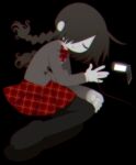  1girl black_background black_hair black_thighhighs bow braid buttons cellphone closed_eyes closed_mouth flip_phone funamusea funamusea_(artist) grey_jacket hair_over_one_eye jacket kurai_yonaka lying mogeko_castle official_art outline phone plaid plaid_bow plaid_skirt pleated_skirt promotional_art red_bow red_outline red_skirt screen_light shirt simple_background skirt solo string string_around_finger string_of_fate thigh-highs twin_braids white_shirt 