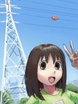  1girl absurdres azumanga_daioh brown_eyes brown_hair day highres liamickpie long_hair open_mouth power_lines salute smile solo sunlight transmission_tower two-finger_salute very_long_hair 