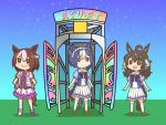  3girls :&gt; ahoge animal_ears black_sclera blue_hair bow bowtie braid bright_pupils brown_footwear brown_hair cesario_(umamusume) chibi colored_sclera commentary_request crown_braid daring_tact_(umamusume) ear_bow ear_ornament frilled_skirt frills gate hands_on_own_hips horse_ears horse_girl horse_tail jacket loafers looking_at_viewer medium_hair mr._ebidou multiple_girls open_clothes open_gate open_jacket pleated_skirt puffy_short_sleeves puffy_sleeves purple_bow purple_bowtie purple_hair purple_shirt sailor_collar school_uniform shirt shoes short_hair short_sleeves skirt special_week_(umamusume) summer_uniform tail thigh-highs tracen_school_uniform umamusume white_hair white_sailor_collar white_skirt white_thighhighs 