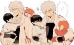  ... 1girl 2boys aged_down armor barefoot black_hair blood blood_on_clothes brown_eyes bun_cover carrying chinese_clothes clothes_pull gintama hachimaki haori headband highres japanese_clothes kagura_(gintama) kimono kusuri multiple_boys red_eyes redhead sakata_gintoki shimura_shinpachi spoken_ellipsis white_hair 