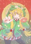  1girl animal_costume blonde_hair chinese_new_year chinese_zodiac doughnut dragon_costume fang food food_on_face green_jacket highres jacket light_blush low_twintails monogatari_(series) oshino_shinobu pale_skin red_background red_nails simple_background skin_fang twintails year_of_the_dragon yellow_eyes yuuga_satsuki 