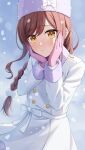 1girl :t blush braid closed_mouth coat fur-trimmed_coat fur_hat fur_trim gloves hands_on_own_cheeks hands_on_own_face hat highres idolmaster idolmaster_shiny_colors kurageso long_hair long_sleeves looking_at_viewer official_alternate_costume official_alternate_hairstyle osaki_amana pink_gloves pout redhead single_braid solo swept_bangs white_coat yellow_eyes 
