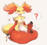  ... ? anger_vein delphox full_body grey_background kneeling looking_at_viewer motion_blur no_humans patting_lap pokemon pokemon_(creature) red_eyes simple_background solo speech_bubble spoken_anger_vein user_ttpy4852 