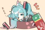  1girl ahoge animal_ears bare_shoulders black_skirt black_sleeves black_thighhighs blue_eyes blue_hair blush cat_ears cat_girl cat_tail detached_sleeves frilled_shirt frills grey_shirt hair_between_eyes hair_ornament hatsune_miku kemonomimi_mode long_hair long_sleeves looking_at_viewer miniskirt notice_lines number_tattoo one_eye_closed pet_bed pleated_skirt shirt sidelocks skirt sleepy sleeveless sleeveless_shirt solo tail tattoo thigh-highs twintails very_long_hair vocaloid yuni_(irohasuiroiro) zettai_ryouiki zzz 