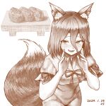  1girl animal_ears blush commentary_request dated fang food fox_ears fox_girl fox_tail greyscale hair_between_eyes inarizushi jumpsuit kudamaki_tsukasa looking_at_viewer monochrome nokimenayu open_mouth short_sleeves smile solo sushi tail touhou 