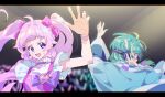  2girls aozora_himari arm_up audience blue_hair blue_jacket blunt_bangs blurry blurry_background bow commentary_request concert fujidera_minori glowstick green_hair hair_bow hand_on_headphones headphones highres himitsu_no_aipri idol_clothes in-franchise_crossover jacket letterboxed long_hair looking_at_viewer looking_to_the_side multicolored_hair multiple_girls omega_auru omega_auru_(primagista) open_mouth penlight_(glowstick) pink_bow pink_hair pretty_series purple_bow short_hair smile streaked_hair tsujii_ruki twintails upper_body violet_eyes voice_actor_connection waccha_primagi! 