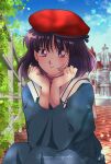  1girl artist_name beret bishoujo_senshi_sailor_moon blue_dress blurry blurry_background bush clouds cloudy_sky cobblestone day dress fence hat highres koya leaf looking_at_viewer outdoors purple_hair red_headwear sailor_collar shaded_face short_hair sitting sky solo tomoe_hotaru violet_eyes white_sailor_collar 