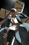  1boy absurdres black_jacket black_pants cigarette cowboy_shot english_commentary explodikid highres holding jacket looking_at_viewer male_focus nicholas_d._wolfwood pants shirt solo sunglasses trigun trigun_stampede white_shirt 