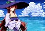  1girl blue_sky breasts clouds collarbone commentary crossed_arms hat helck highres ibumuc large_breasts large_hat long_hair long_sleeves ocean pointy_ears puffy_long_sleeves puffy_sleeves red_eyes redhead shunova sidelocks sky smile solo upper_body very_long_hair wide_sleeves witch_hat 