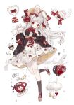  1girl animal_ears balloon bow fake_animal_ears food frills hairband lolita_fashion lolita_hairband meowlian original rabbit_ears red_eyes smile white_background white_hair 