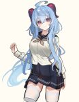  1girl ahoge alternate_costume blue_hair breasts ganyu_(genshin_impact) genshin_impact goat_horns highres horns large_breasts light_blue_hair long_hair looking_at_viewer mo_(mo80_rr) qingxin_flower school_uniform smile solo violet_eyes 