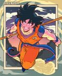  1boy absurdres black_eyes black_hair blue_sash blue_undershirt blue_wristband clenched_hand closed_mouth clouds collarbone copyright_name dougi dragon_ball dragon_ball_z film_grain floating_clothes flying flying_nimbus full_body highres holding holding_polearm holding_weapon inset_border male_focus martial_arts_belt mountain muscular muscular_male orange_pants pants polearm purple_sky ruyi_jingu_bang sash short_hair short_sleeves sky smile solo son_goku spiky_hair sunset thirdphp v-shaped_eyebrows weapon wide-eyed wristband 