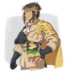 1boy armor black_gloves brown_hair cape claude_von_riegan cowboy_shot earrings facial_hair fire_emblem fire_emblem:_three_houses gloves green_eyes headband highres jewelry looking_to_the_side maiqo male_focus shoulder_armor simple_background single_earring sketch solo solo_focus yellow_cape 