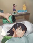  2girls absurdres azumanga_daioh bed blanket ch character_request cup figure highres liamickpie mihama_chiyo&#039;s_father monogatari_(series) multiple_girls on_bed pillow plant potted_plant sleeping solo_focus takino_tomo water 