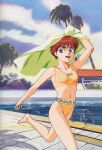  1980s_(style) arm_up barefoot bikini blue_eyes breasts bush clothes_writing clouds cloudy_sky day happy highres izumi_noa kidou_keisatsu_patlabor navel non-web_source official_art open_mouth orange_hair outdoors palm_tree pavement pool pool_ladder poolside retro_artstyle running shadow short_hair sky small_breasts smile swimsuit thick_eyebrows tiles towel towel_on_head tree yellow_bikini 