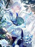  1boy bamboo blue_eyes chain_paradox colored_eyelashes copyright_name crystallization feet_out_of_frame fish flower_knot glint goldfish hair_between_eyes hand_fan hand_up highres holding holding_fan horns ice ice_flower ice_horns japanese_clothes kimono kino_setsuna koro_marui long_hair long_sleeves looking_at_viewer low_ponytail male_focus paper_fan parted_lips plant rock sash single_horn sitting soaking_feet solo sparkle uchiwa violet_eyes water water_drop water_lily_flower waterfall white_hair white_kimono wide_sleeves 