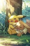  bandana closed_eyes commentary day drooling eevee forest grass hakkentai_pokedan highres light_rays mouth_drool nature no_humans one_eye_closed open_mouth outdoors pikachu pokemon pokemon_(creature) signature sleepy sunbeam sunlight tree 