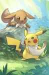  bandana commentary day eevee forest grass hakkentai_pokedan highres holding holding_map looking_at_another map nature no_humans open_mouth outdoors pikachu pokemon pokemon_(creature) rock signature tree 
