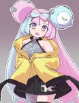  1girl bare_shoulders blue_hair bow-shaped_hair breasts character_hair_ornament furrowed_brow grey_pantyhose hair_ornament hexagon_print highres iono_(pokemon) jacket kutabireta_neko light_blue_hair light_blush long_hair low-tied_long_hair magnemite multicolored_hair oversized_clothes pantyhose pink_hair pokemon pokemon_sv sharp_teeth single_leg_pantyhose sleeves_past_fingers sleeves_past_wrists solo split-color_hair teeth thigh_strap two-tone_hair very_long_hair very_long_sleeves x yellow_jacket 