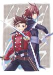  2boys brown_eyes brown_hair dual_wielding gloves grin highres holding jacket kratos_aurion lloyd_irving looking_at_viewer multiple_boys purple_clothing purple_gloves red_gloves red_jacket simple_background smile spiky_hair sword tales_of_(series) tales_of_symphonia thick_eyebrows tktg weapon wide-eyed 