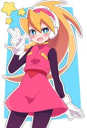  1girl absurdres blonde_hair blue_eyes blush buzzlyears ciel_(mega_man) gloves highres long_hair looking_at_viewer mega_man_(series) mega_man_zero_(series) ponytail smile solo v white_gloves 