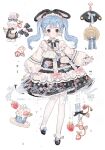  1girl animal_ears blue_hair bow cutlery dessert dress earrings fake_animal_ears food frilled_dress frills full_body grey_eyes highres jewelry lolita_fashion meowlian original rabbit_ears stuffed_toy white_background 