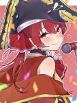  1girl ascot bare_shoulders bicorne black_headwear blurry blurry_foreground blush bow closed_mouth coat commentary_request confetti curled_fingers eyelashes finger_to_own_chin from_side hair_between_eyes hair_bow hand_up hat heart heterochromia highres hololive houshou_marine houshou_marine_(1st_costume) lace-trimmed_bow lace_trim looking_at_viewer looking_to_the_side microphone nibochoro off_shoulder pirate_hat red_ascot red_background red_bow red_coat red_eyes red_shirt redhead shirt signature sleeveless sleeveless_shirt smile solo tile_background twintails virtual_youtuber yellow_eyes 