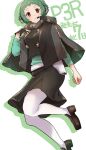  1girl arm_at_side black_capelet black_gloves black_skirt blush brown_eyes capelet commentary copyright_name countdown_illustration drop_shadow foot_out_of_frame gloves green_hair green_shirt hand_up headphones highres kurosususu long_sleeves looking_at_viewer pantyhose parted_lips persona persona_3 persona_3_reload shirt short_hair simple_background single_glove skirt solo spiky_hair tareme throat_microphone translated white_background white_pantyhose yamagishi_fuuka 
