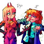  2girls ? ?? alpharecdyt black_necktie bodysuit chainsaw_man closed_mouth collared_shirt cosplay costume_switch hair_between_eyes highres horns long_hair looking_at_another multiple_girls necktie neon_genesis_evangelion open_mouth pink_hair plugsuit power_(chainsaw_man) red_bodysuit red_eyes redhead shirt simple_background smell souryuu_asuka_langley white_background white_shirt 