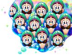  6+boys artist_request big_nose black_eyes blue_overalls brown_hair cabbie_hat clone gloves green_headwear green_sleeves hammer hat holding holding_hammer long_sleeves looking_at_viewer looking_to_the_side luigi male_focus mario_&amp;_luigi:_dream_team mario_&amp;_luigi_rpg multiple_boys muscular official_art over_shoulder overalls short_hair simple_background sparkle straight-on super_mario_bros. sweatdrop thick_eyebrows thought_bubble upper_body very_short_hair weapon weapon_over_shoulder white_background white_gloves 