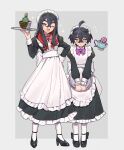  1boy 1girl alternate_costume apron black_dress black_footwear black_hair blush bow brother_and_sister carmine_(pokemon) crossdressing crossed_bangs dress enmaided flying_sweatdrops frilled_apron frills full_body hair_between_eyes hand_on_own_hip high_heels highres holding holding_tray kieran_(pokemon) long_hair long_sleeves looking_at_viewer maid maid_apron maid_headdress mole mole_on_neck mole_under_eye morisuguri open_mouth otoko_no_ko pantyhose pokemon pokemon_(creature) pokemon_sv purple_hair redhead shoes siblings simple_background sinistcha sinistea sparkle standing sweat tray white_apron white_pantyhose yellow_eyes 
