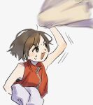  1girl :3 arm_up bare_arms blush brown_eyes brown_hair catching holding holding_clothes jacket looking_at_object looking_up meiko_(vocaloid) motion_blur nata_shelf open_mouth red_jacket simple_background sleeveless sleeveless_jacket solo sweat upper_body v-shaped_eyebrows vocaloid white_background wind 