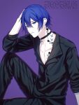  1boy black_choker black_pants black_shirt blue_eyes blue_hair choker dark_blue_hair guilty_(module) hair_between_eyes highres kaito_(vocaloid) knee_up light_frown looking_at_viewer neck_tattoo pale_skin pants pectorals project_diva_(series) purple_background samecan shirt short_hair sitting solo tattoo upper_body vocaloid 