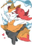  1girl :3 animal_ear_fluff animal_ears animal_nose arm_up black_fur blue_fire body_fur braixen commentary fire flat_chest fox_ears fox_girl fox_tail full_body furry furry_female hand_on_own_hip happy heart higetsu_rin highres holding holding_stick looking_at_viewer multicolored_fur neck_fur open_mouth pokemon pokemon_(creature) red_eyes sideways_mouth smile snout solo standing stick tail thick_thighs thighs white_background white_fur wide_hips yellow_fur 