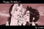 1boy 1girl brad_evans cigarette closed_mouth eyepatch facial_hair formal greyscale happy_birthday hetero holding holding_cigarette kanon_(wild_arms_2) letterboxed long_hair monochrome protected_link sidelocks smoking stubble wild_arms wild_arms_2 yururi-ra