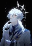  1boy aoma_(xuanzexuexi) black_background collared_shirt earrings gloves grey_hair halo halo_behind_head hand_on_own_chest head_wings highres honkai:_star_rail honkai_(series) jacket jewelry long_sleeves looking_at_viewer male_focus shirt short_hair solo sunday_(honkai:_star_rail) white_gloves white_jacket wings 