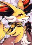  delphox fang looking_at_viewer mi-eau neck_ribbon open_mouth pokemon pokemon_(creature) red_eyes ribbon solo yellow_ribbon 