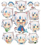  1girl :&gt; :&lt; :i :o :t =_= angry animal_ears animal_hood animal_on_head bare_arms belt blue_dress blue_eyes blue_hair blush book chibi closed_eyes closed_mouth cropped_torso crossed_arms cube_hair_ornament dress eating facing_ahead fins fish_tail food food_on_face furrowed_brow gawr_gura gawr_gura_(3rd_costume) grey_hair hair_ornament hands_up happy highres holding holding_book holding_food holding_ice_cream hololive hololive_english hood hood_up humming ice_cream kemonomimi_mode long_hair looking_ahead looking_at_viewer multicolored_eyes multicolored_hair multiple_views music nanakoro0402 official_alternate_costume on_head onigiri open_book open_mouth own_hands_together pout reading rice rice_on_face shark shark_hood sharp_teeth shirt shoes short_sleeves side_ponytail sidelocks simple_background singing soft_serve standing streaked_hair t-shirt tail tearing_up teeth two_side_up virtual_youtuber white_background yellow_eyes yellow_footwear 