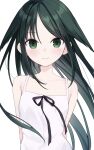  1girl arms_behind_back bare_shoulders black_ribbon blush camisole closed_mouth collarbone dress green_eyes green_hair highres kashuu_(pixiv_66328082) light_blush light_smile long_hair looking_at_viewer pale_skin ribbon saya_(saya_no_uta) saya_no_uta simple_background sleeveless sleeveless_dress smile solo upper_body very_long_hair white_background white_dress 